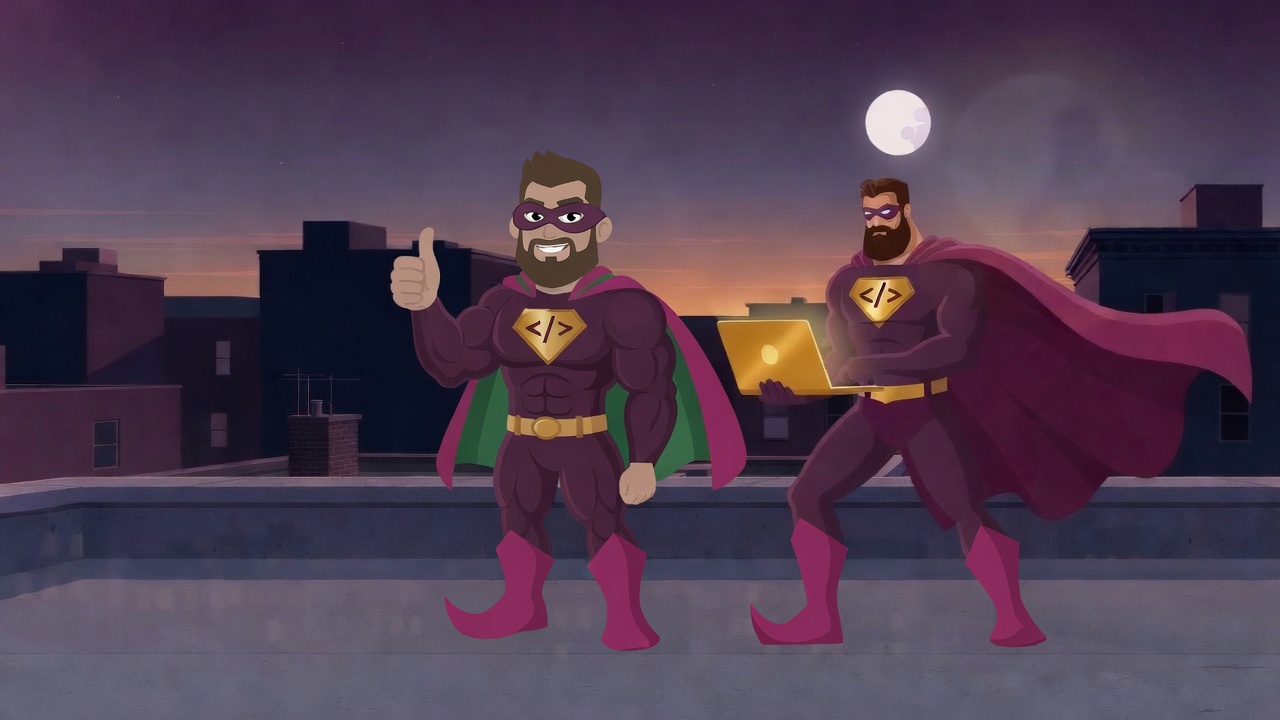 The sidekick in Hero's plum suit and mask, next to Hero