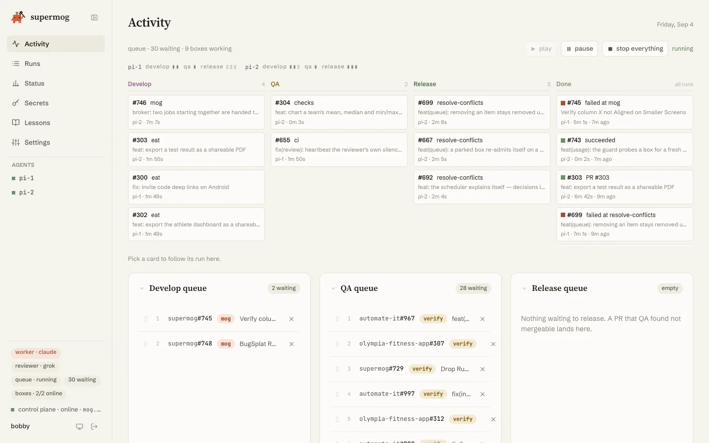 The Activity view: nine runs in flight across Develop, QA and Release on two boxes, with each lane's own queue underneath.